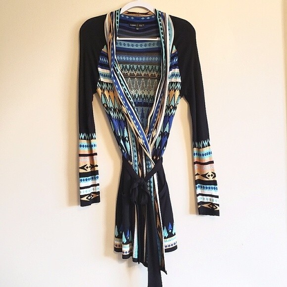 GYPSY 05 Global Village Longline Geomatric Aztec Cardigan Sweater Wrap Tie XS - Picture 7 of 10
